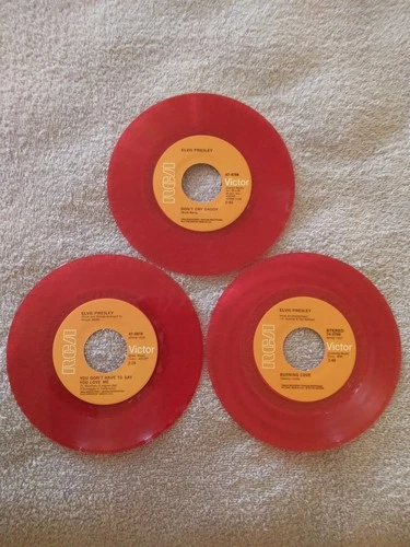 ELVIS PRESLEY RED VINYL 45s&PICTURE SLEEVES 1960s&1970s HITS NM-MINT LOT 3 B