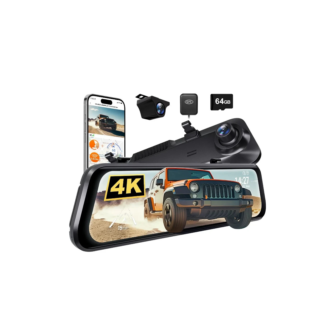 WOLFBOX G850 Pro 4K Wifi ADAS Front and Rear Mirror Dash Cam w/64GB MicroSD Card