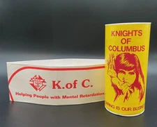 Vintage Knights of Columbus Helping the Retarded Tip Cup Can W Cellucap Hat NOS