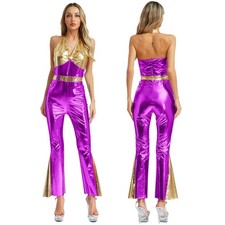 Women's Metallic Shiny 70s 80s Disco Dance Jumpsuit Long Sleeve Hippie Costume