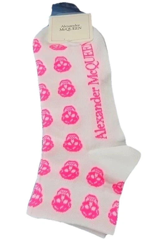 Alexander McQueen Shocking Pink & White Multiskull Ankle Socks ~ New & Free P&P.