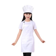 Kids Chef Hat And Apron Set Adjustable Cooking Baking Painting White Uniform