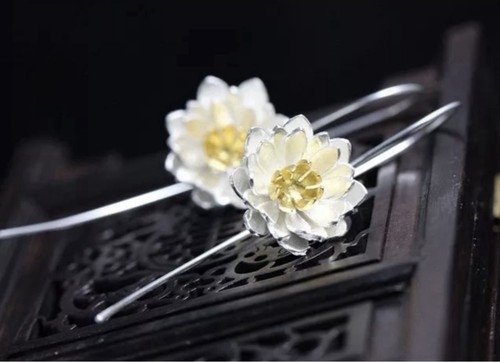 Anthropologie Lotus Earrings Flower Silver Gold 925 Sterling Drop Pastoral - Picture 4 of 12
