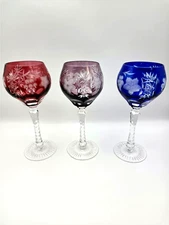 Bohemian Cut to Clear Crystal Wine Goblets Ajka Marsala Grape Blue Red Purple!