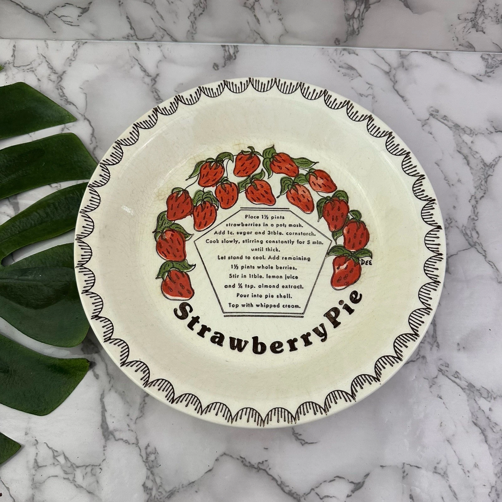 Strawberry Pie Vintage Baking Dish Plate Ceramic White Recipe Kitchen Cottage