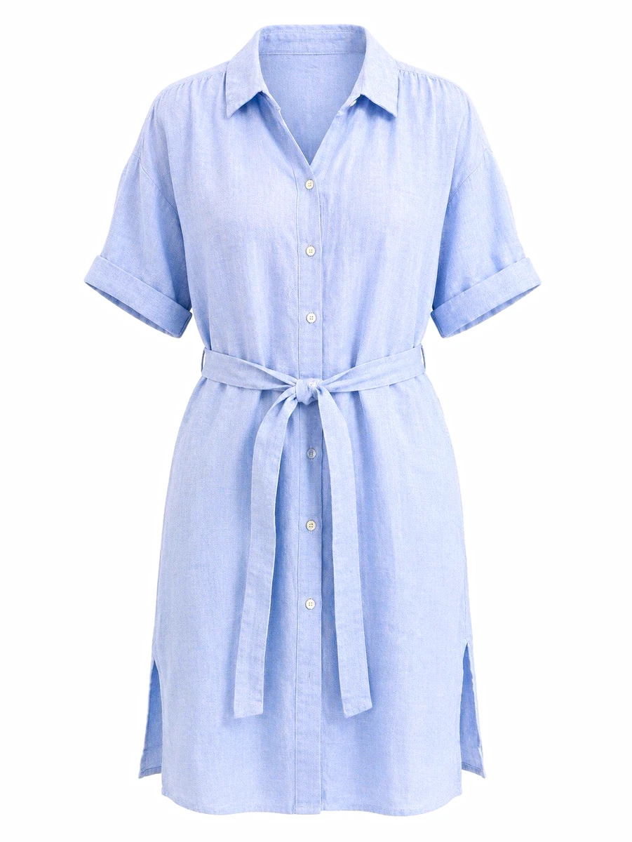 tahari linen shirt dress Women's Mini Blue White Striped Short Sleeve XS summery appeal to this midi dress cut from a soft White linen dress elie tahari