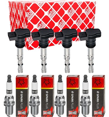 4x FEBI BILSTEIN Zündspule + CHAMPION Zündkerze für Nissan Almera Tino V10 1.8