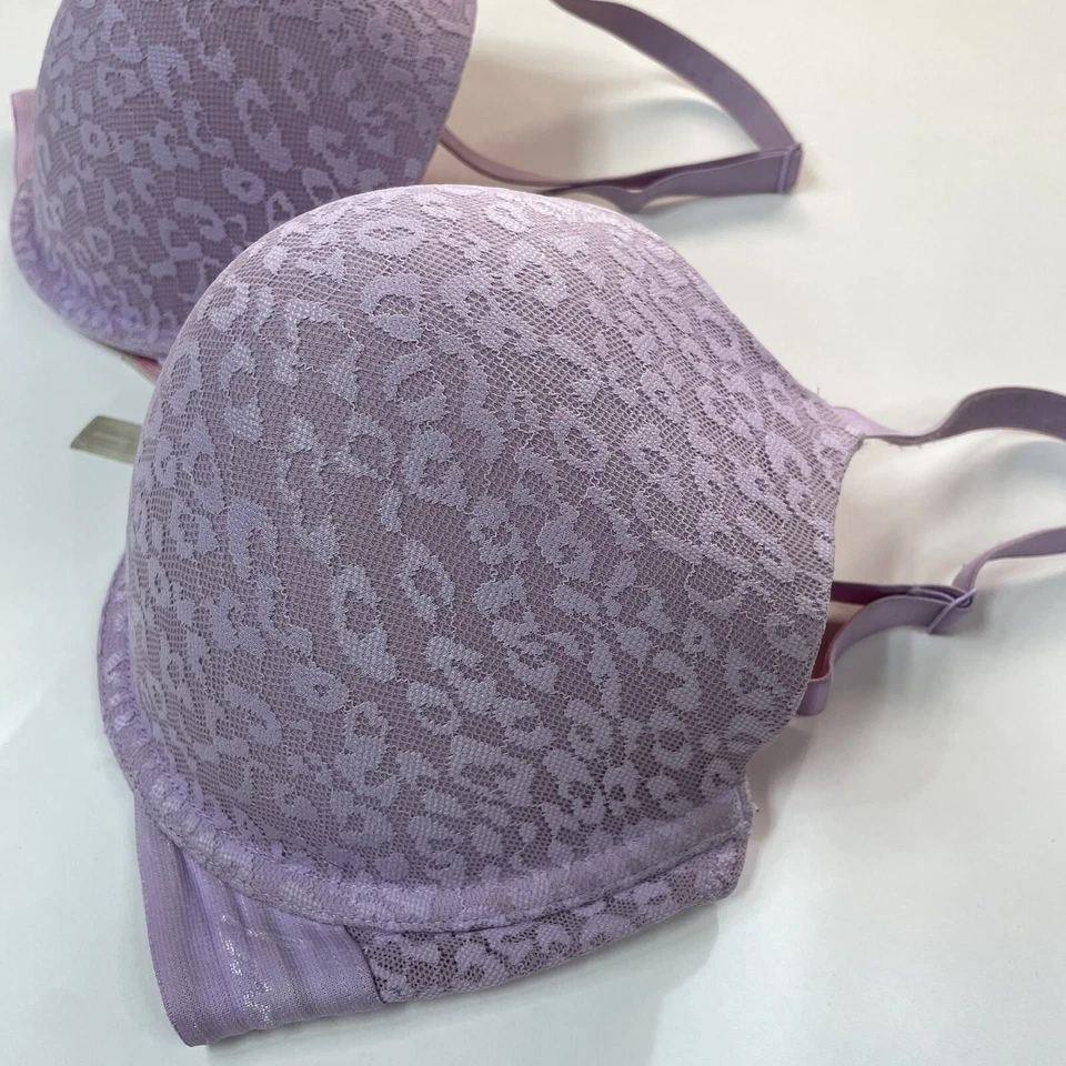 Camiseta ROSA Victorias Secret 36DDD Sujetador Ligeramente Forrado Púrpura Leopardo Encaje #0603 Foto 2 de 4