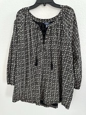 CHAPS Women Lightweight Black Cotton Blend Tunic 3/4 Balloon Sleeve Geo XXL