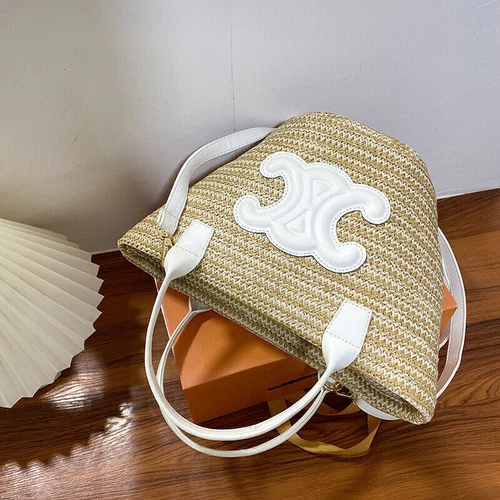 Bolso de Mano de Paja para Damas Bolso de Playa Bolso de Ratán + Banda para el Cuello de Seda Bolso de Gran Tamaño - Imagen 18 de 22