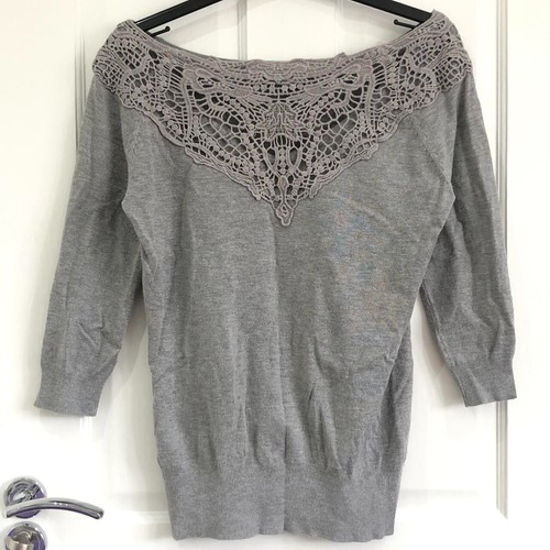 RRP £30 FOREVER 21, GREY KNITTED CROCHET LACE CONTRAST SEXY SCOOP NECK