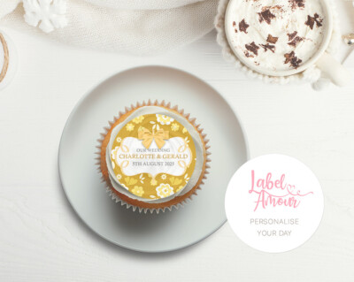 24 personalisierte essbare Cup Cake Topper | Hochzeit Blumen Blumen Schleife Namen Datum