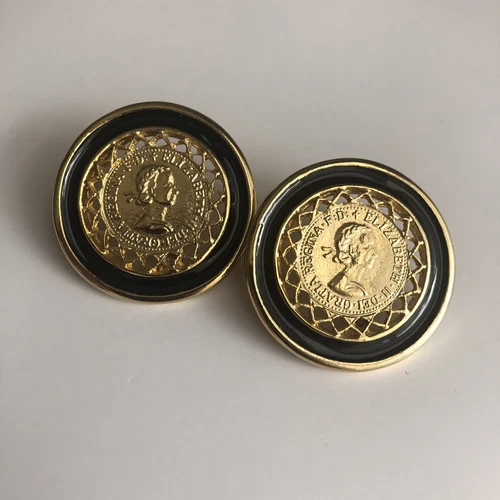 Vintage Gold Tone Queen Elizabeth II Coin Round Earrings Pierced Costume Jewelry