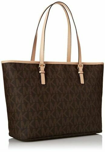 MICHAEL KORS Jet Set Brown MK Signature Zip Tote TZ Bag Gold