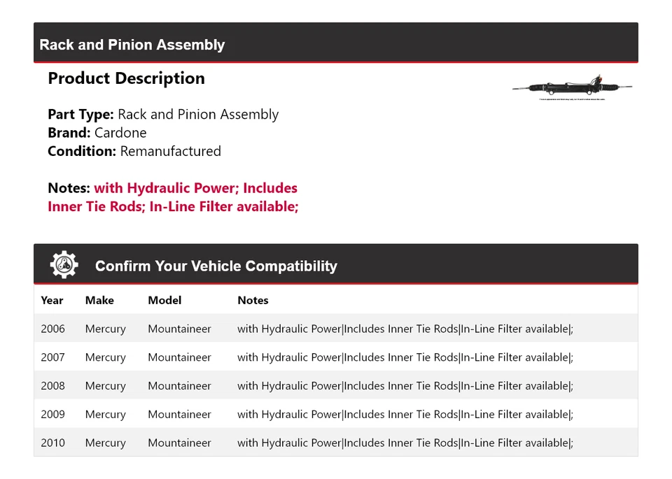 For 2006-2010 Mercury Mountaineer Rack and Pinion Assembly Cardone 2007 2008 - Image 2 of 4