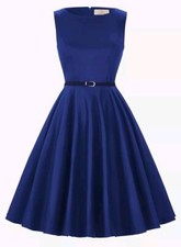 Grace Karin Boatneck Sleeveless 50s Cocktail Dress W/ Belt, Small, Blue