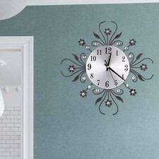 3D Wall Clock Luxury Metal Diamonds Flower Silent Art Office House Decorate