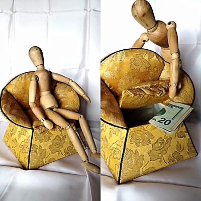 Vtg SECRET STASH doll arm chair trinket box Gold floral Brocade stuffed 
