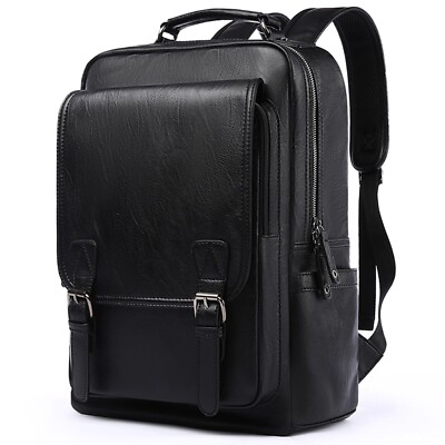 Leather Backpack fits 15.6 Inch Laptop Vintage Backpack Waterproof Flap Bookb...