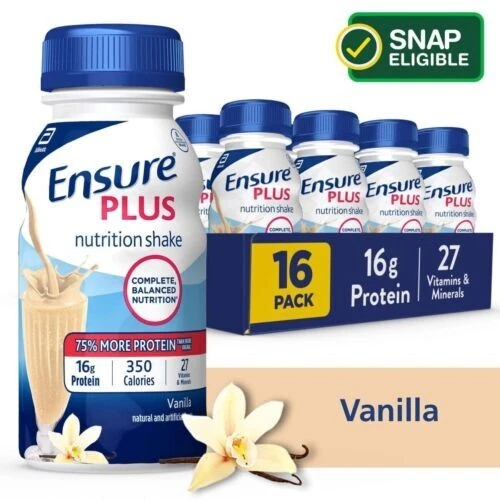 Ensure Plus Nutrition Shake Pack of 16, Meal Replacement Shake, Vanilla, 8 FL oz