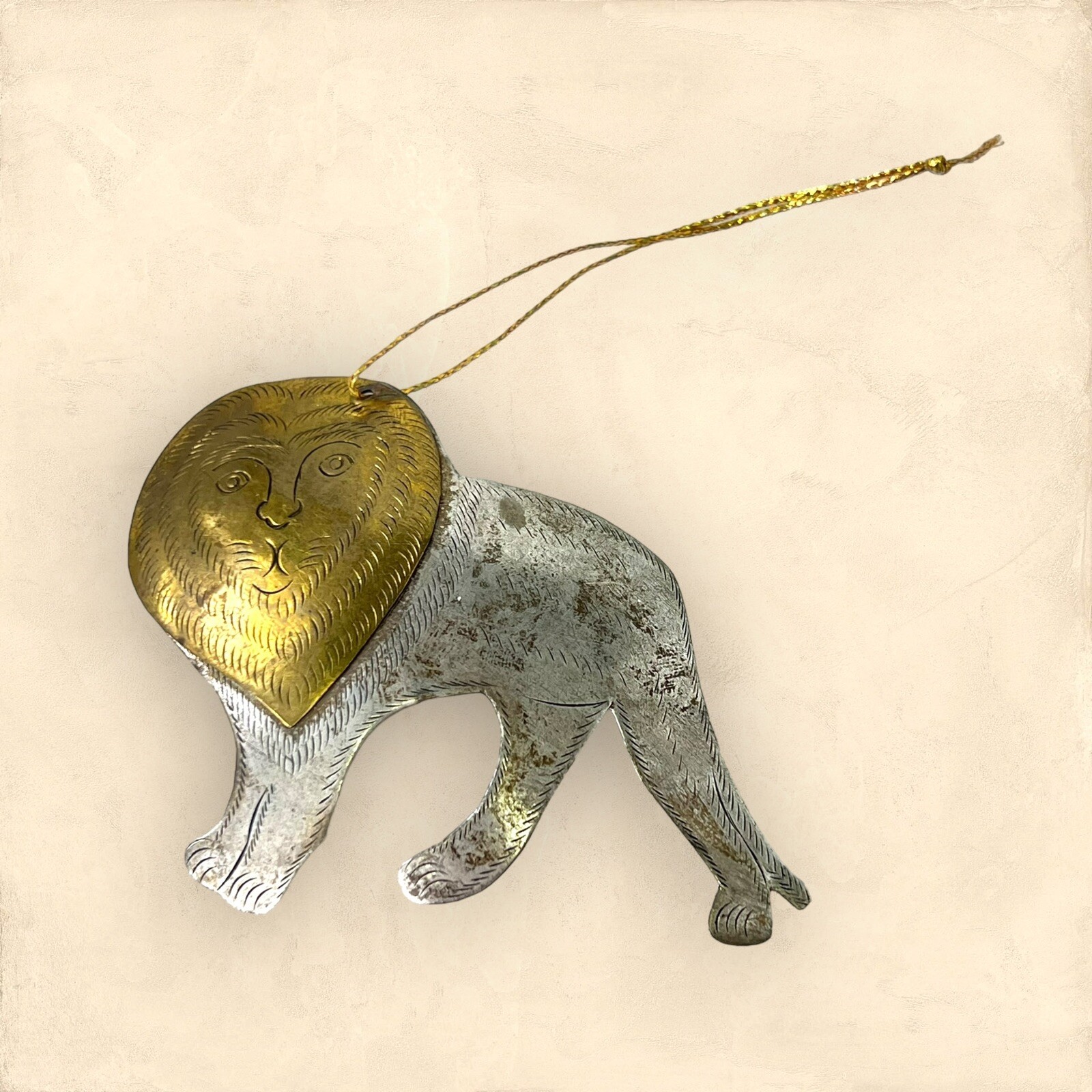 Brass & Silver Tone Metal Lion Ornament, Vintage Handmade Engraved Decor 3.75