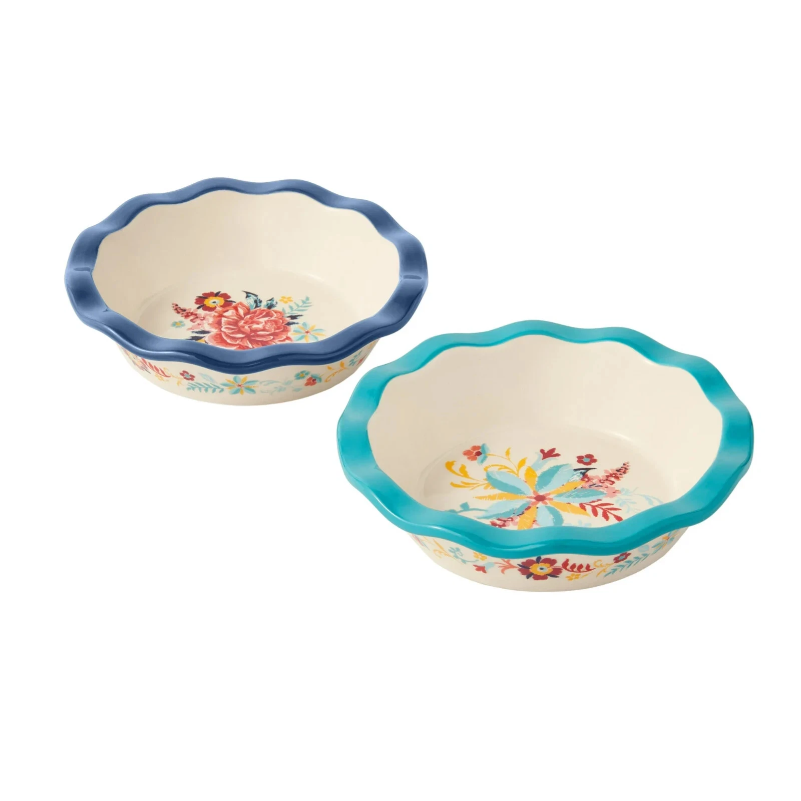 Pioneer Woman Mini Pie Pans 2Pcs Keepsake Floral Ceramic 4.75"Dia Blue New