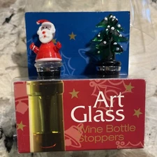 Holiday Decor Art Glass Wine Bottle Stoppers Christmas Tree and Santa Set of 2 