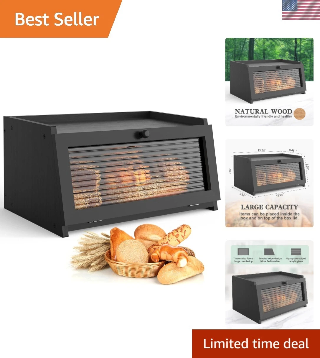 Bread Box for Kitchen Countertop Large Bread Box Farmhouse Bread Container Br...