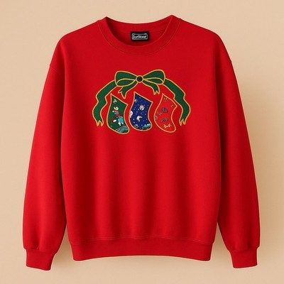 Vintage BonWorth Christmas Sweatshirt L Red Stockings Bow Applique Made in USA