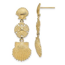 14K Yellow Gold Scallop Sand Dollar Scallop Drop Dangle Earrings 5.55gm