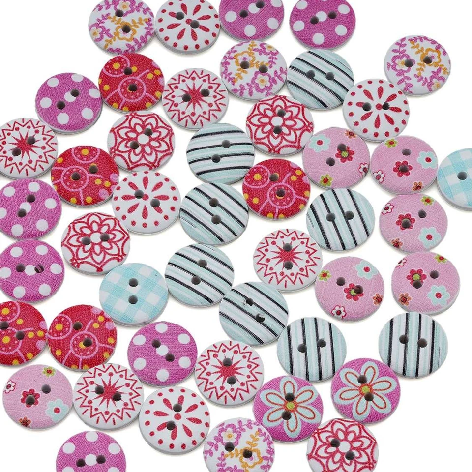 50pcs Red Print Wood Buttons, for Sewing, Scrapbooking & DIY Decor 15mm - Image 3 of 4