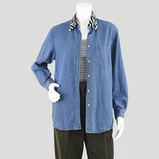 Vintage 90s Jean Shirt with Animal Print Fuzzy Collar Women's Medium