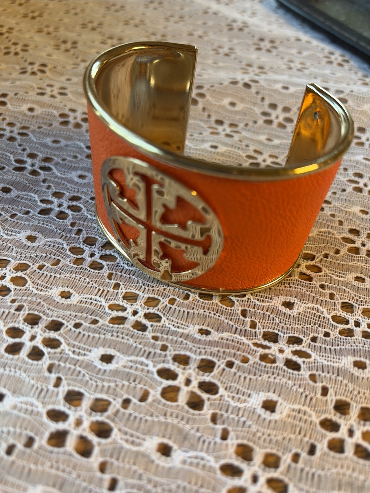 Tory Burch Orange Leather & Gold Tone Wide Cuff Bracelet: Classic Style thumbnail 5