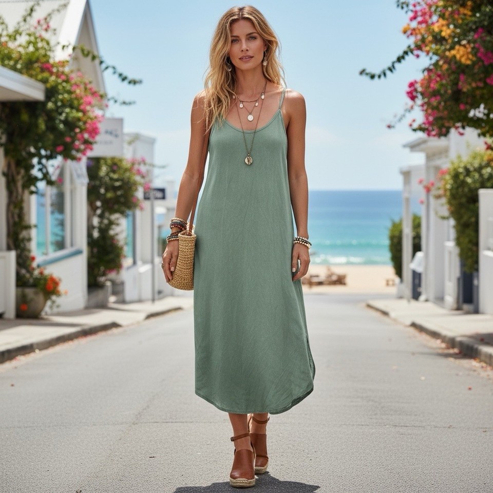 LITTLE LIES 8 linen slip dress | green sleeveless midi | coastal holiday resort