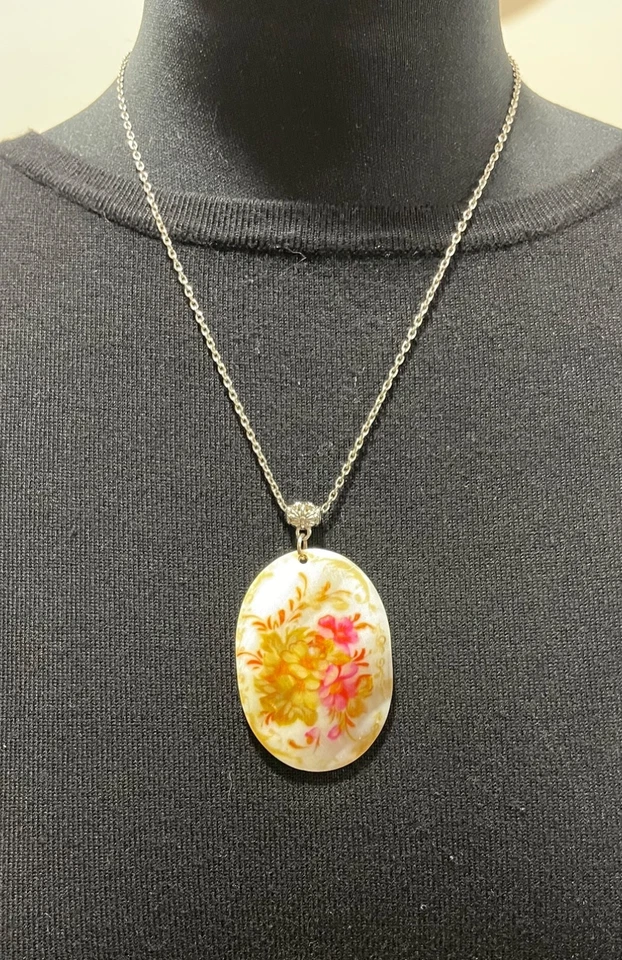 Mother Of Pearl 2" Oval Flower Pendant Necklace With Shades Of Pink Flowers - Image 3 of 4