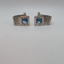 Vintage Swank Silver Tone Wrap Around Mesh Cufflinks w/Blue Stone