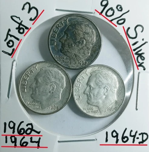 Roosevelt Dimes 90% Silver Lot of 3 VG Condition 1962-1964-1964-D Look@ & Judge