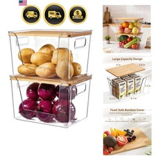 Kitchen Storage Bins with Bamboo Lids Stackable Clear Organizers for Pantry