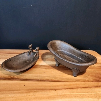 #ad Mini Vintage Cast Iron Footed Bathtub Set Of 2 Bathroom Decor Soap Holder $45.00