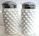 Vintage Fenton White Milk Glass Hobnail Salt & Pepper Shaker Set Metal Lids