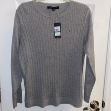 Tommy Hilfiger Womens L Gray Cable Knit Crewneck Sweater Pullover New With Tags