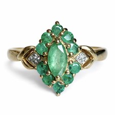 9ct Gold Marquise Cut Emerald And Diamond Halo Ring. Size Y