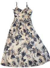 Storia Maxi Sundress Womens Size L Blue Brown Floral Smocked Lined Cottagecore