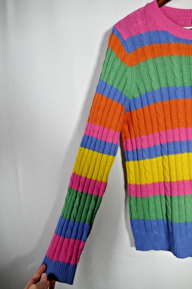 Suéter tejido con cable a rayas arco iris St Johns Bay para mujer talla L colorido profesor Foto 2 de 4