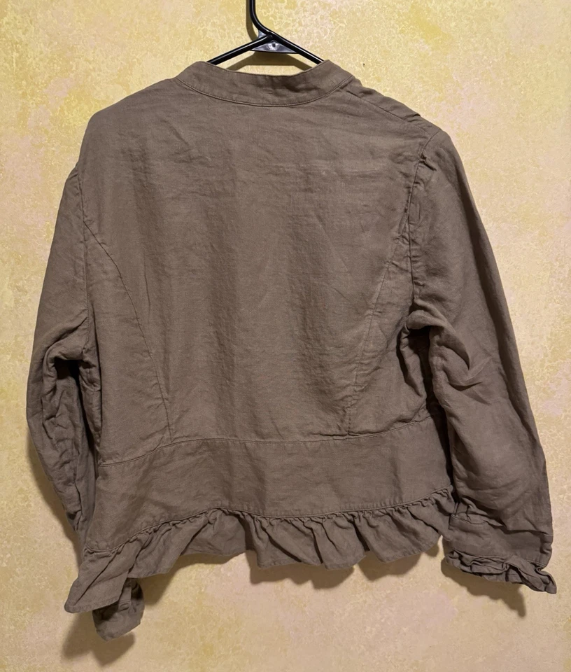J Jill Linen Jacket Blazer Sz Petite L Brown Ruffle Trim Long Sleeve Lagenlook - Image 2 of 4