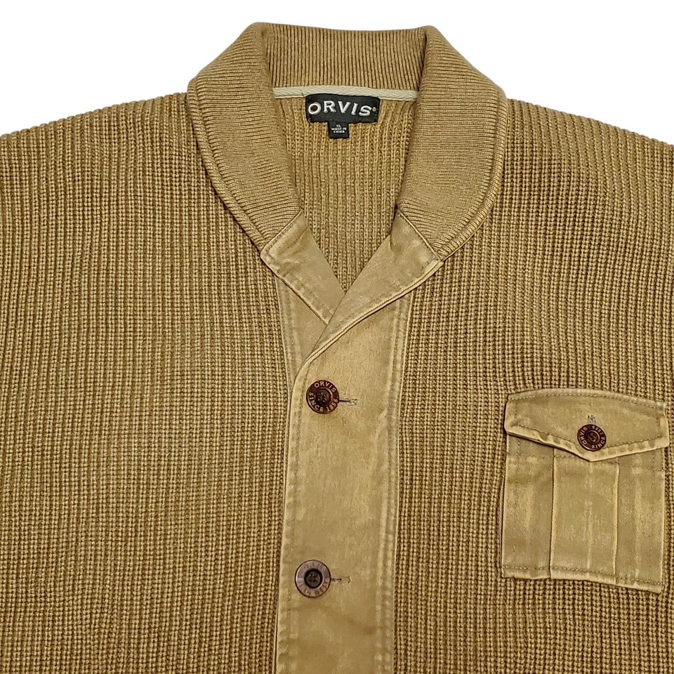 Orvis Hawker Twill Cardigan Grandpa Sweater Men XL Khaki Cotton Field Utility  - Image 4 of 4