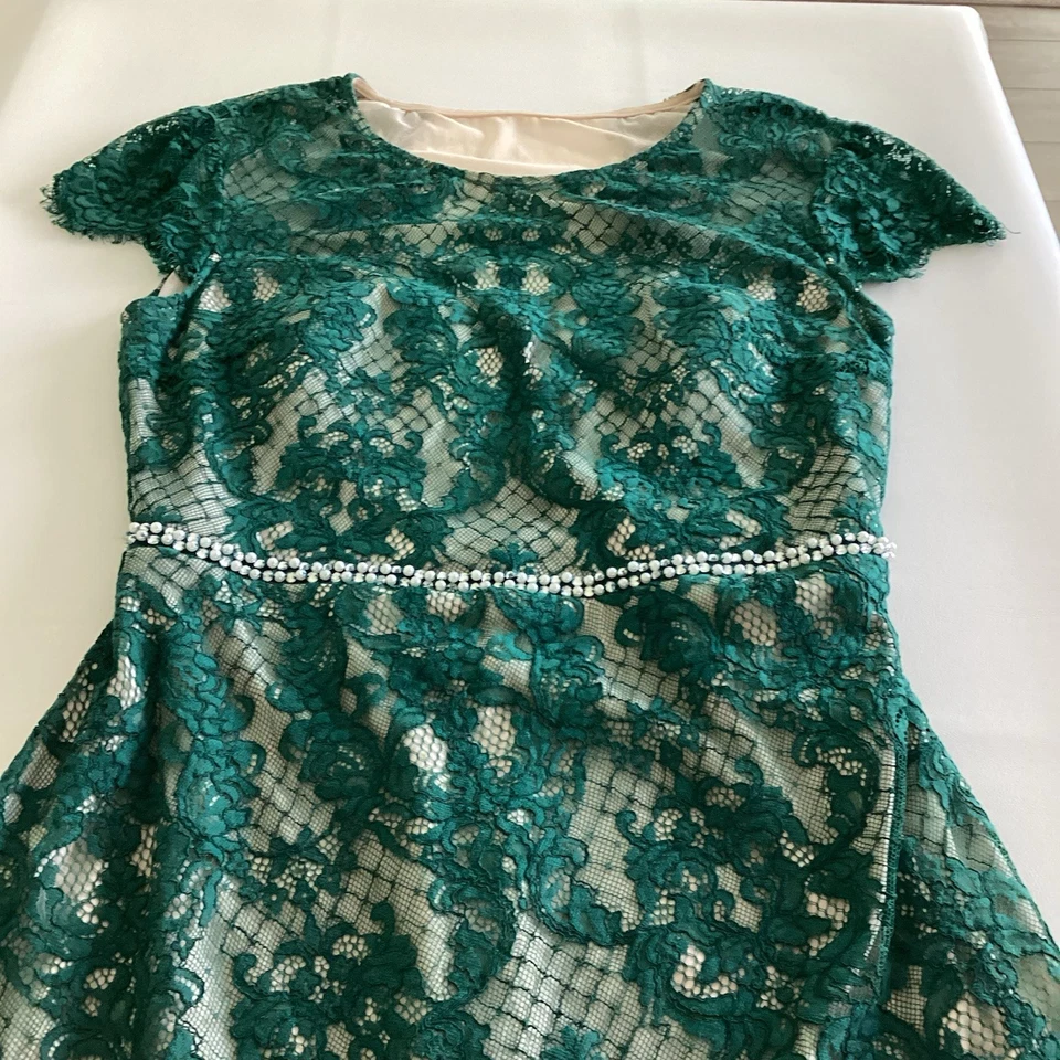 Jodi Kristopher Women’s Green Lace Dress w/ Cream Lining Size 11 Retro Unique - Image 4 of 4