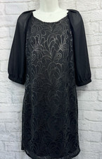 Next Black A-Line Dress Sequin Mesh 3/4 Sleeves Size 10 Party Tunic Xmas Glam
