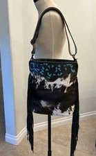 Myra Cowhide Large Leather Crossbody Bag, Black Leather w/Turquoise Color Trim
