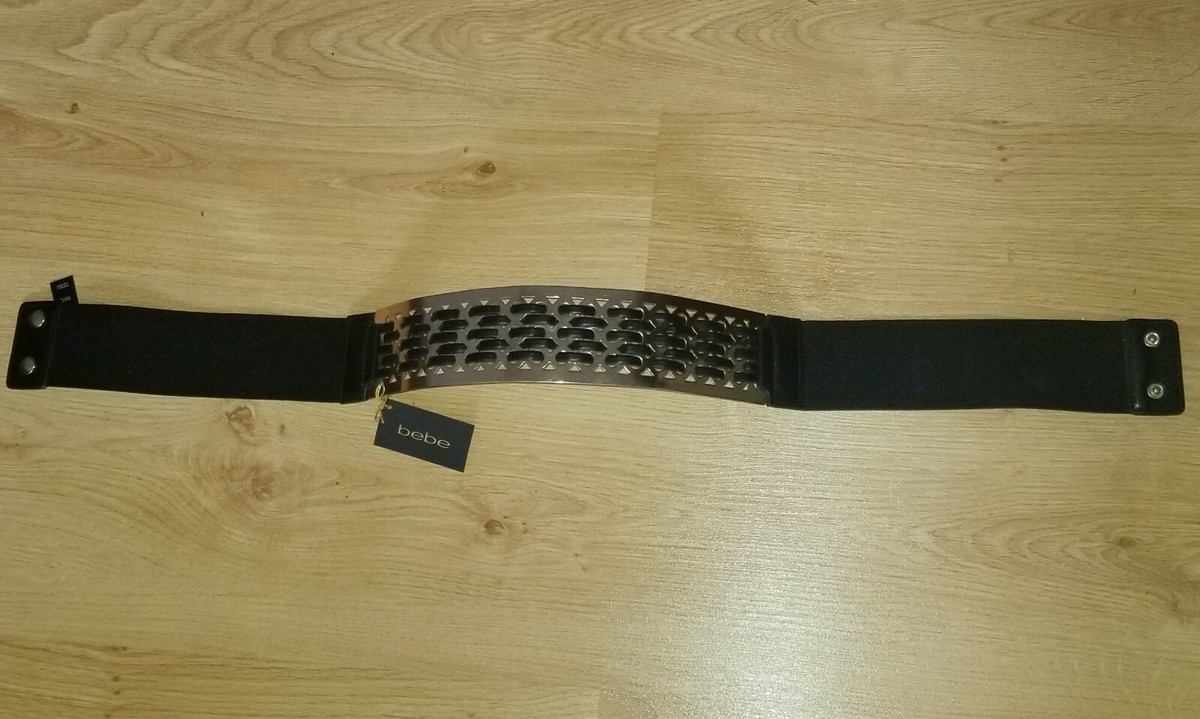BEBE Black PU leather /gold metal woven wide stretchy  display picture 2